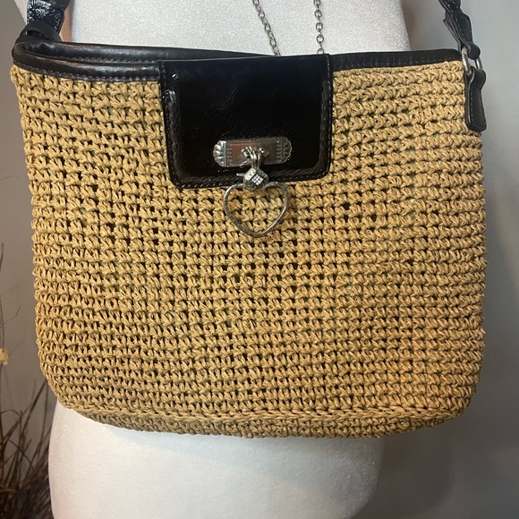 Brighton Straw & Leather Shoulder Bag with Heart Charms – Brown Trim Woven Purse - Picture 1 of 10